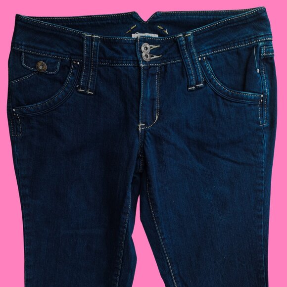 Y2K low Rise Bootcut Flare Jeans Dark Wash Flap Pockets US 11 Stretch Denim - Picture 4 of 9
